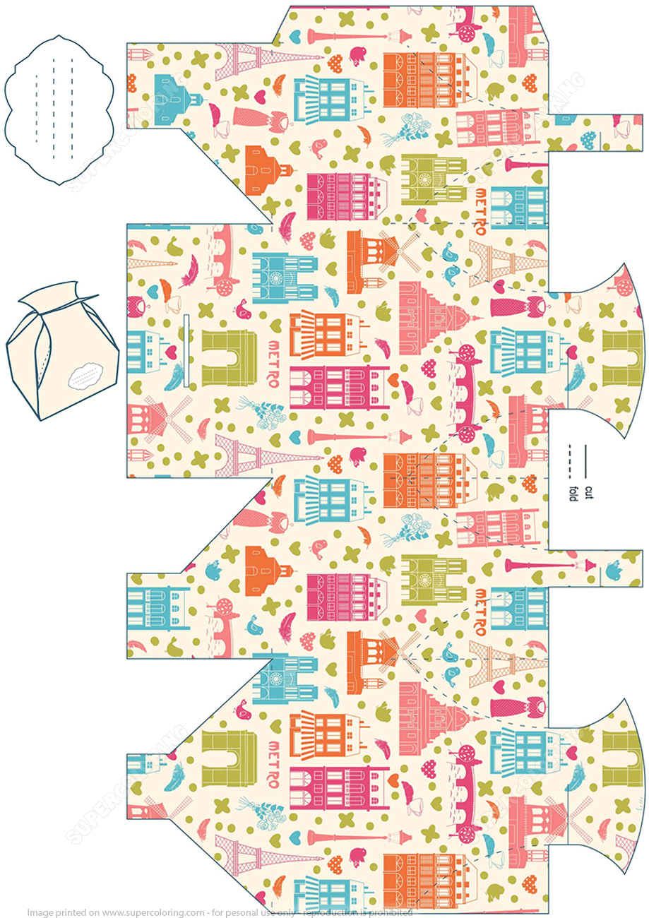 Gift box template with paris architecture pattern free printable papercraft templates