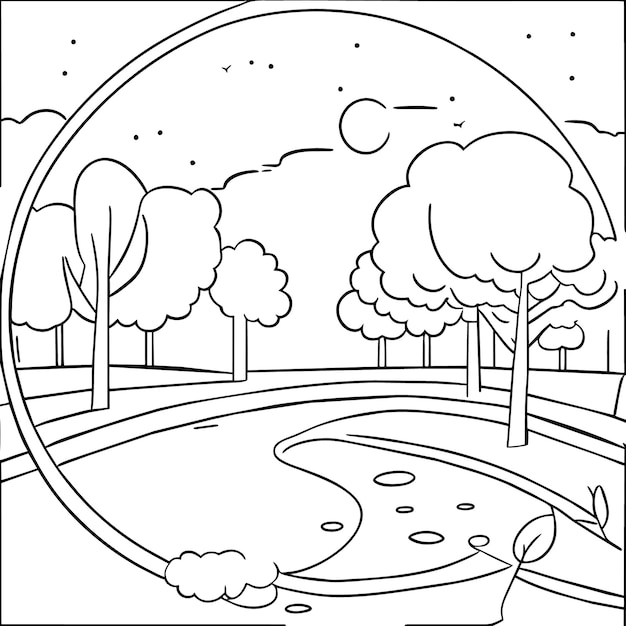 Premium vector kawaii and anime coloring pages design empty park landscape scene with river or nature and tree