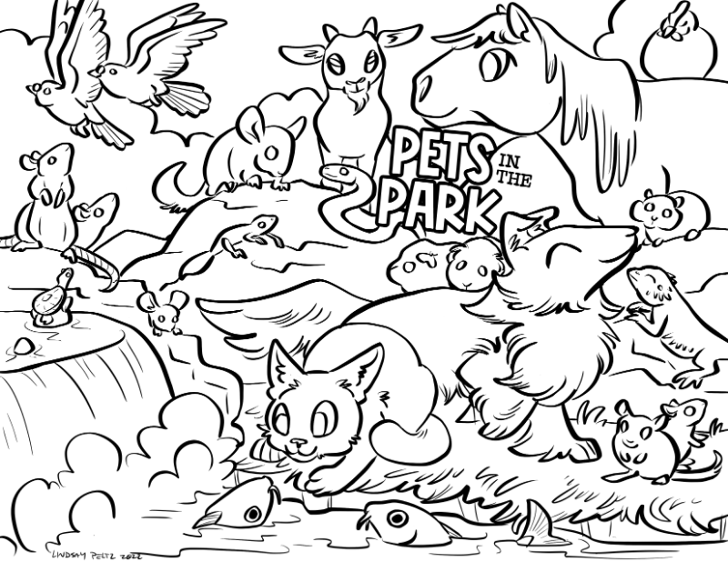 Pets in the park colouring page â pet