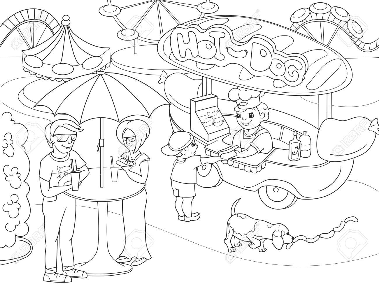 Amusement park coloring pages for children hot dog food truck vector illustration royalty free svg cliparts vectors and stock illustration image