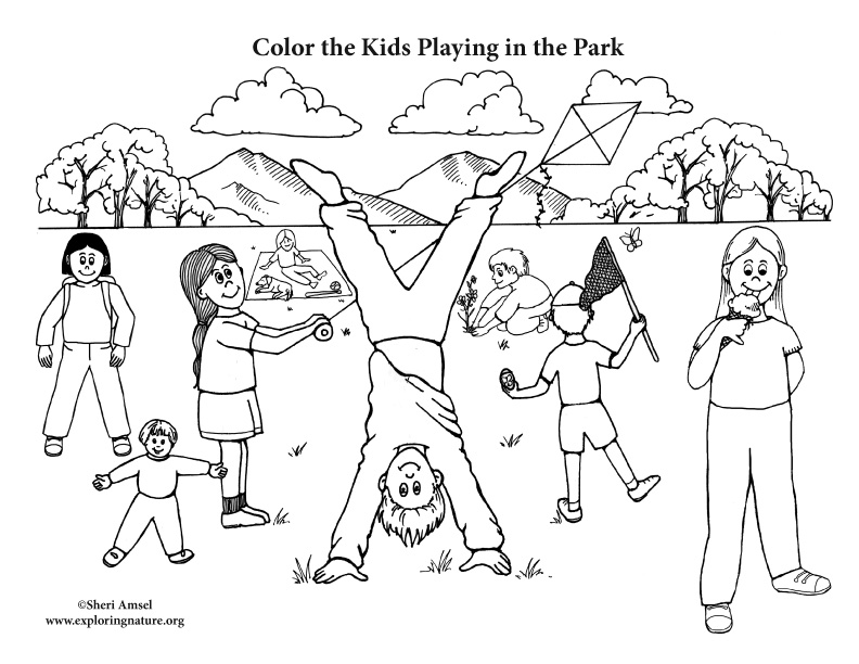 Kids playing in the park coloring page