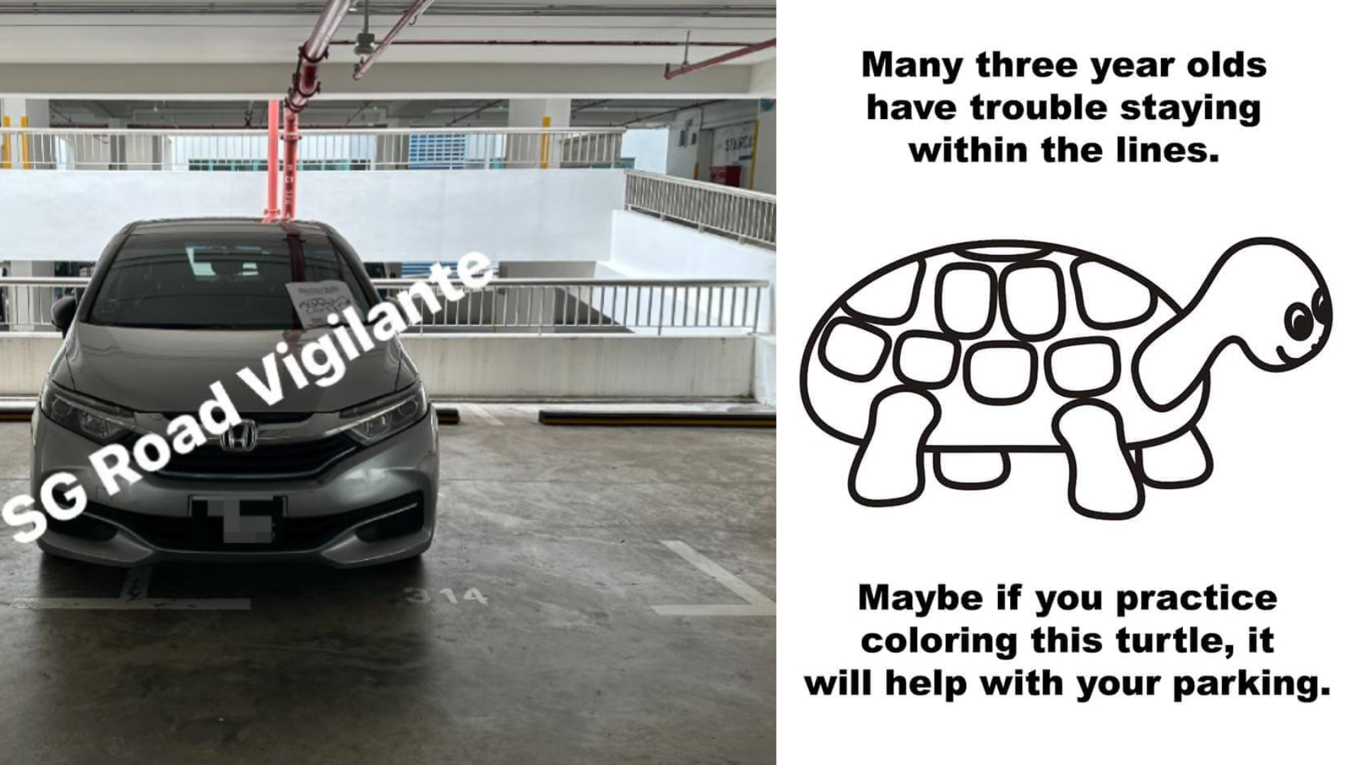 Car drivers who park poorly will now be issued turtle colouring sheet to practise staying within lines