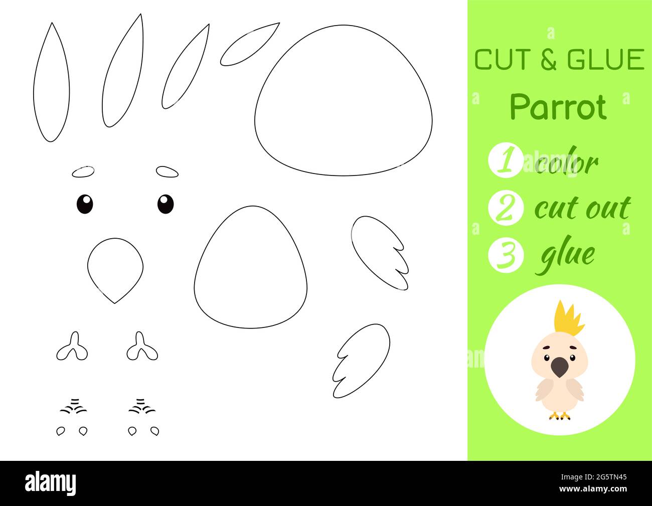 Color cut and glue paper little parrot cut and paste crafts activity page educational game for preschool children diy worksheet kids logic game stock vector image art