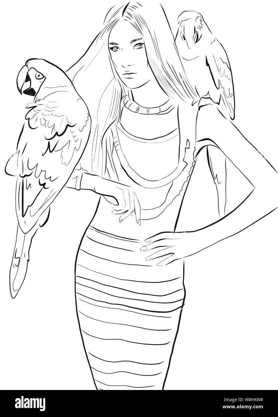 Woman with parrots cut out stock images pictures