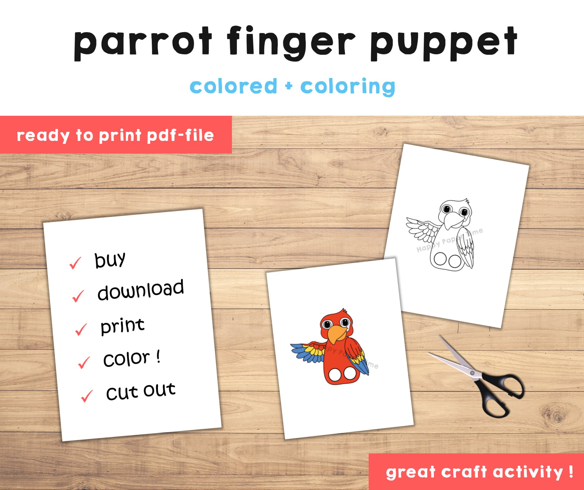 Parrot paper craft printable pet animal finger puppet bird kids craft birthday party kids coloring puppet instant download