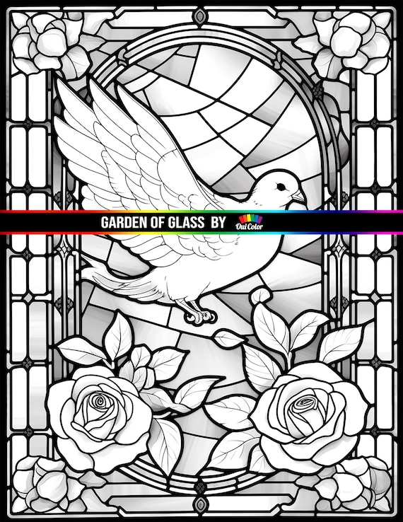 Stained glass coloring pages bird and flower mosaics grayscale coloring page instant download printable pdf