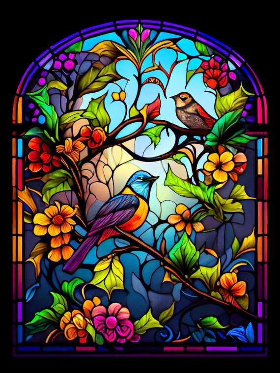 Bird floral stained glass pattern print download digital art adjustable up to x dpi bird stained glass art print coloring page