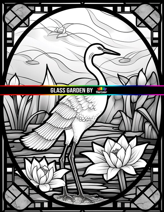 Stained glass coloring pages bird and flower mosaics grayscale coloring page instant download printable pdf