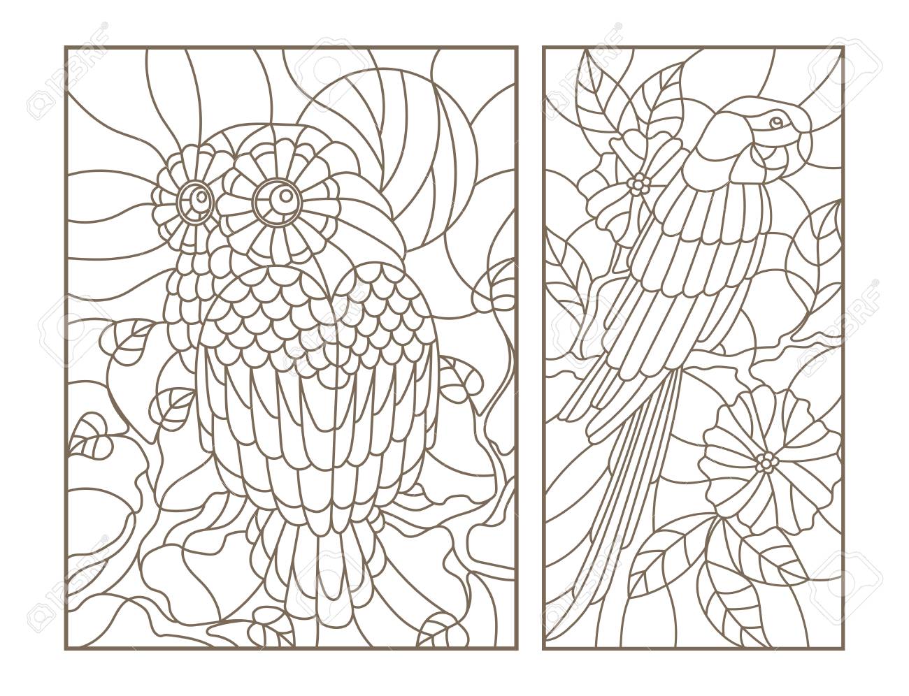 Set contour illustrations of stained glass birds the owl and parrot on the branches of trees royalty free svg cliparts vectors and stock illustration image