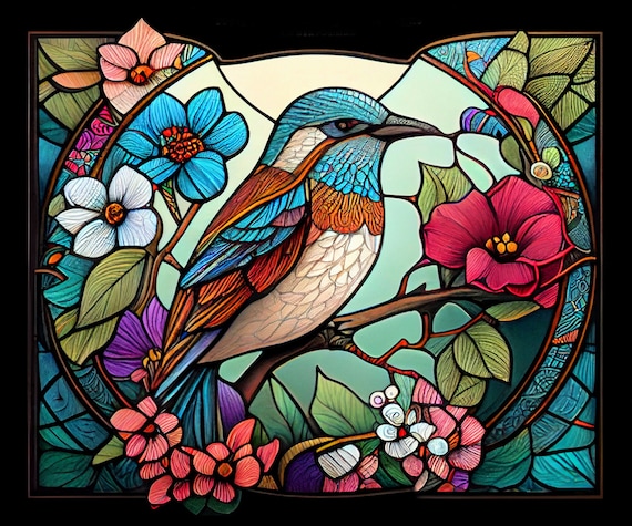 Colorful bird stained glass pattern print download digital art files x dpi birds and tree stained glass art print coloring page