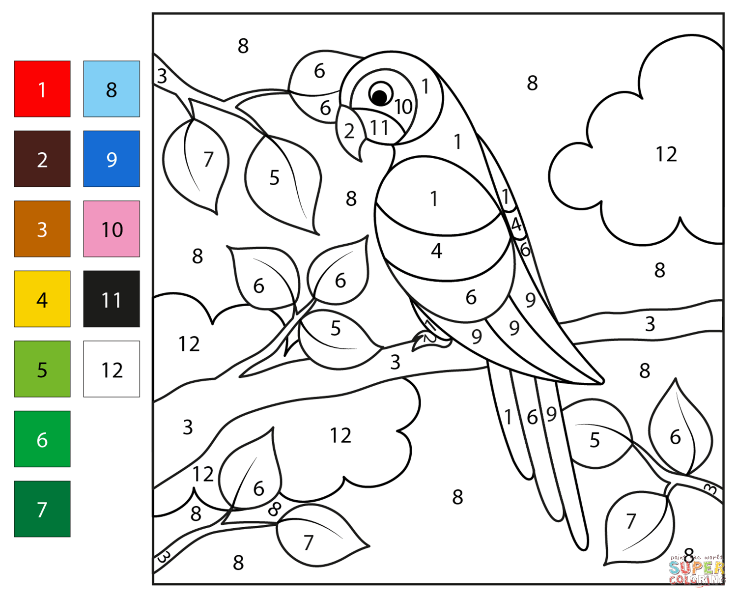Parrot color by number free printable coloring pages