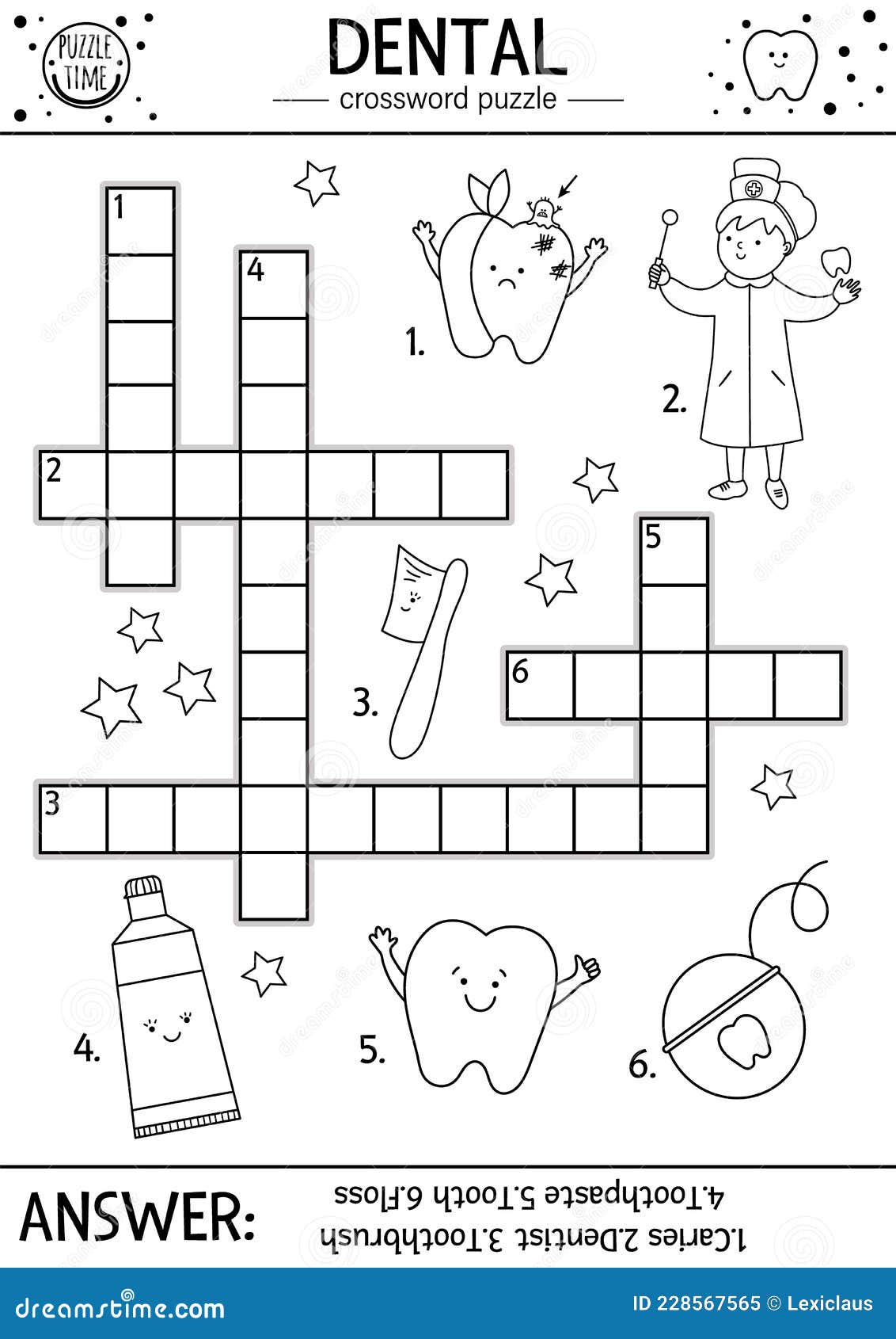 Vector black and white dental care crossword puzzle mouth hygiene outline quiz or coloring page for children stock vector