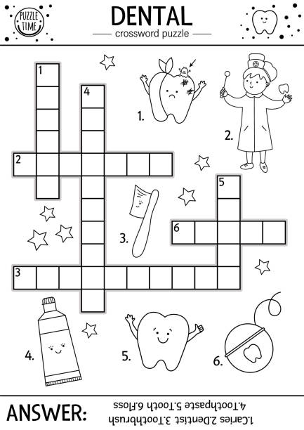 Vector black and white dental care crossword puzzle mouth hygiene outline quiz or coloring page for children educational medical activity with cute dentist tooth toothbrush toothpaste stock illustration