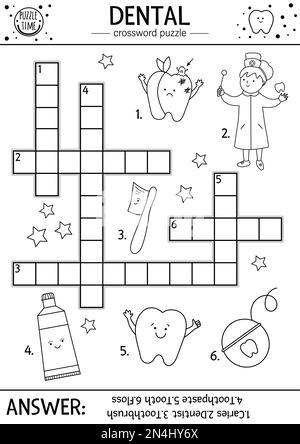 Vector black and white dental care crossword puzzle mouth hygiene outline quiz or coloring page for children educational medical activity with cute stock vector image art