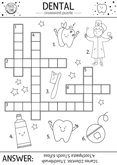 Premium vector vector black and white dental care crossword puzzle mouth hygiene outline quiz or coloring page for children educational medical activity with cute dentist tooth toothbrush toothpastexa