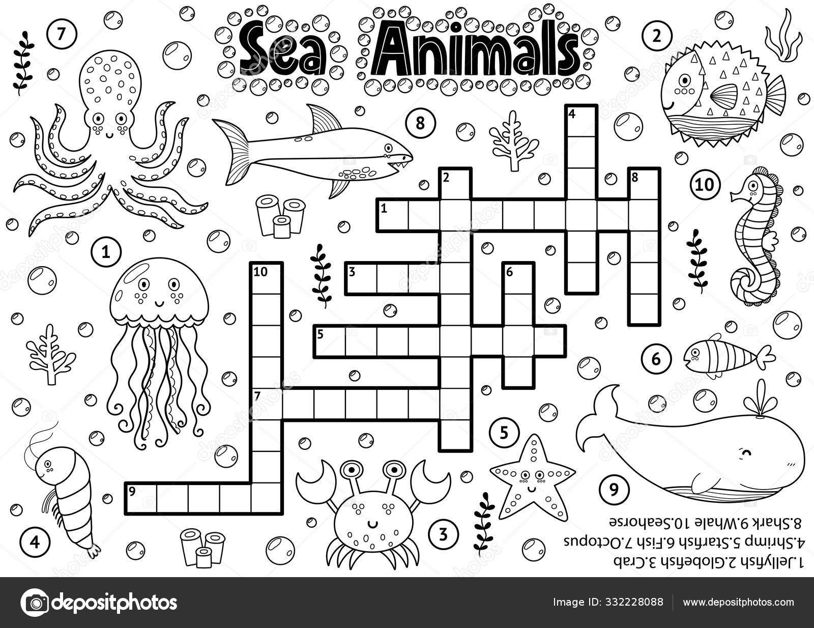 Black and white crossword with sea animals for coloring stock vector by juliyas
