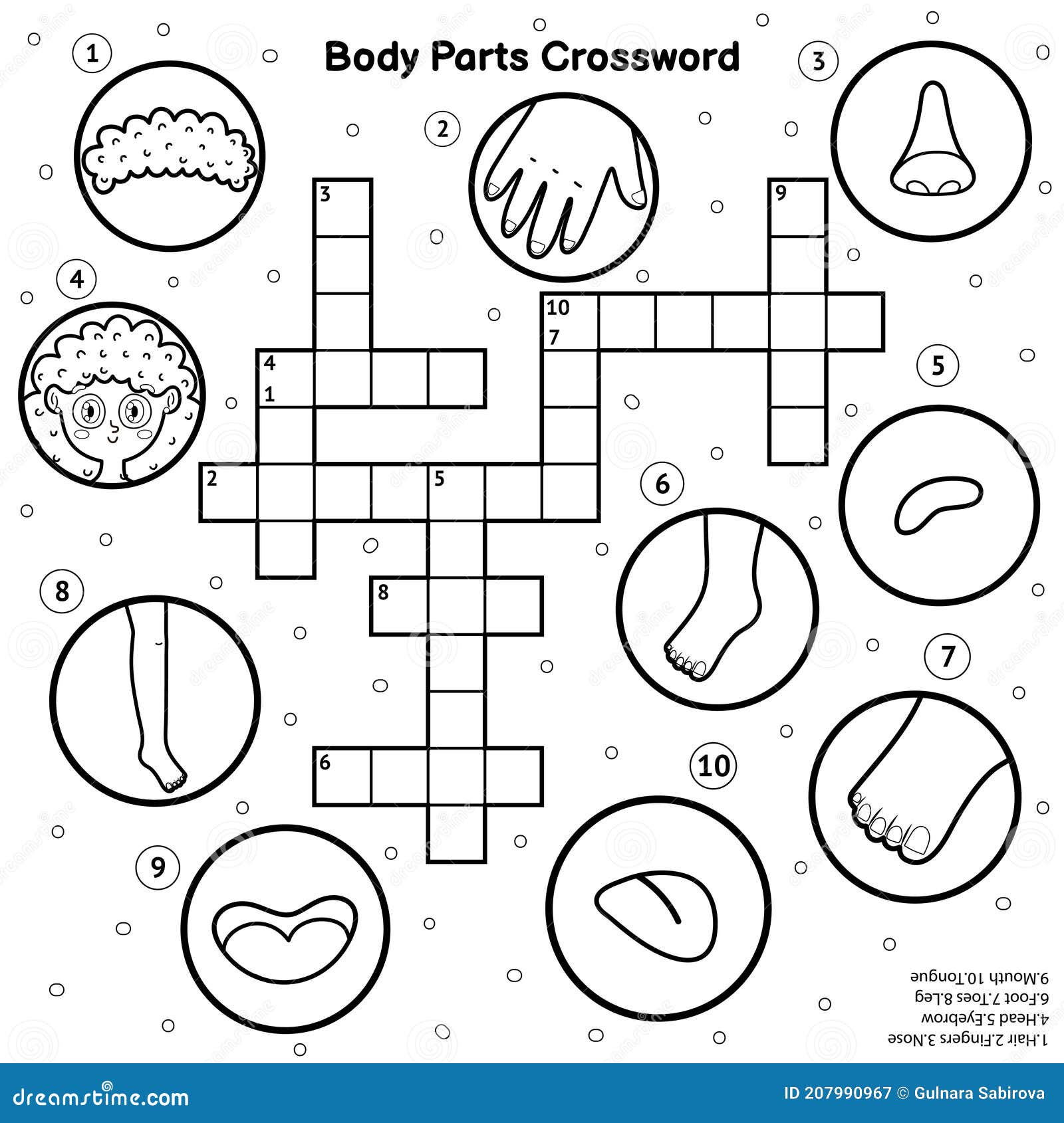 Black and white body parts crossword my body learning activity and coloring page stock vector