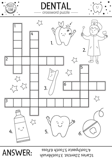 Premium vector vector black and white dental care crossword puzzle mouth hygiene outline quiz or coloring page for children educational medical activity with cute dentist tooth toothbrush toothpastexa