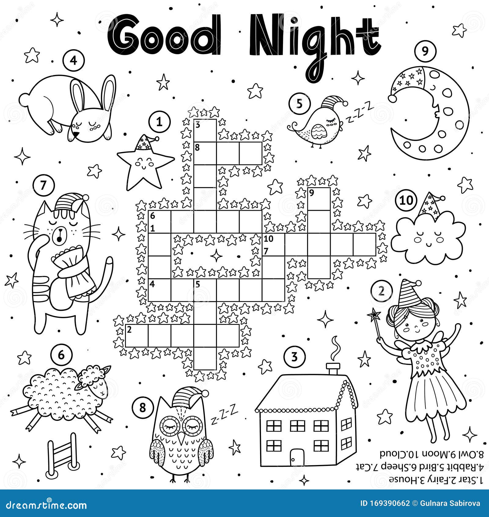 Black and white crossword game for kids good night theme coloring page stock vector