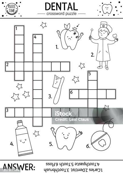 Vector black and white dental care crossword puzzle mouth hygiene outline quiz or coloring page for
