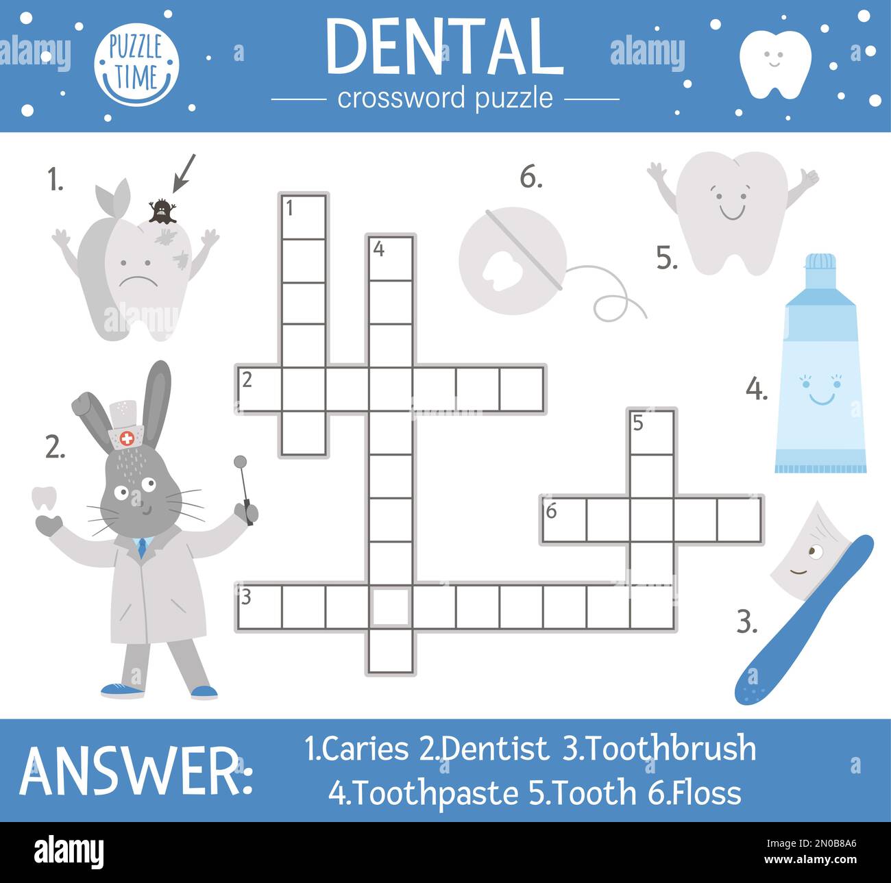 Vector dental care crossword puzzle mouth hygiene quiz for children educational medical activity with cute dentist tooth toothbrush toothpaste f stock vector image art