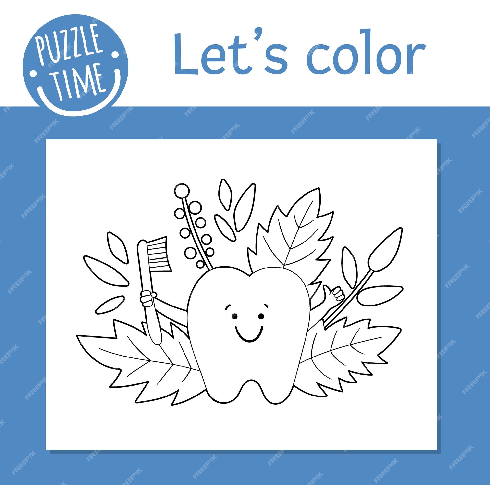 Premium vector vector coloring page with cute kawaii tooth holding toothbrush funny teeth care character dental themed outline clipart for children mouth hygiene illustration isolated on white background