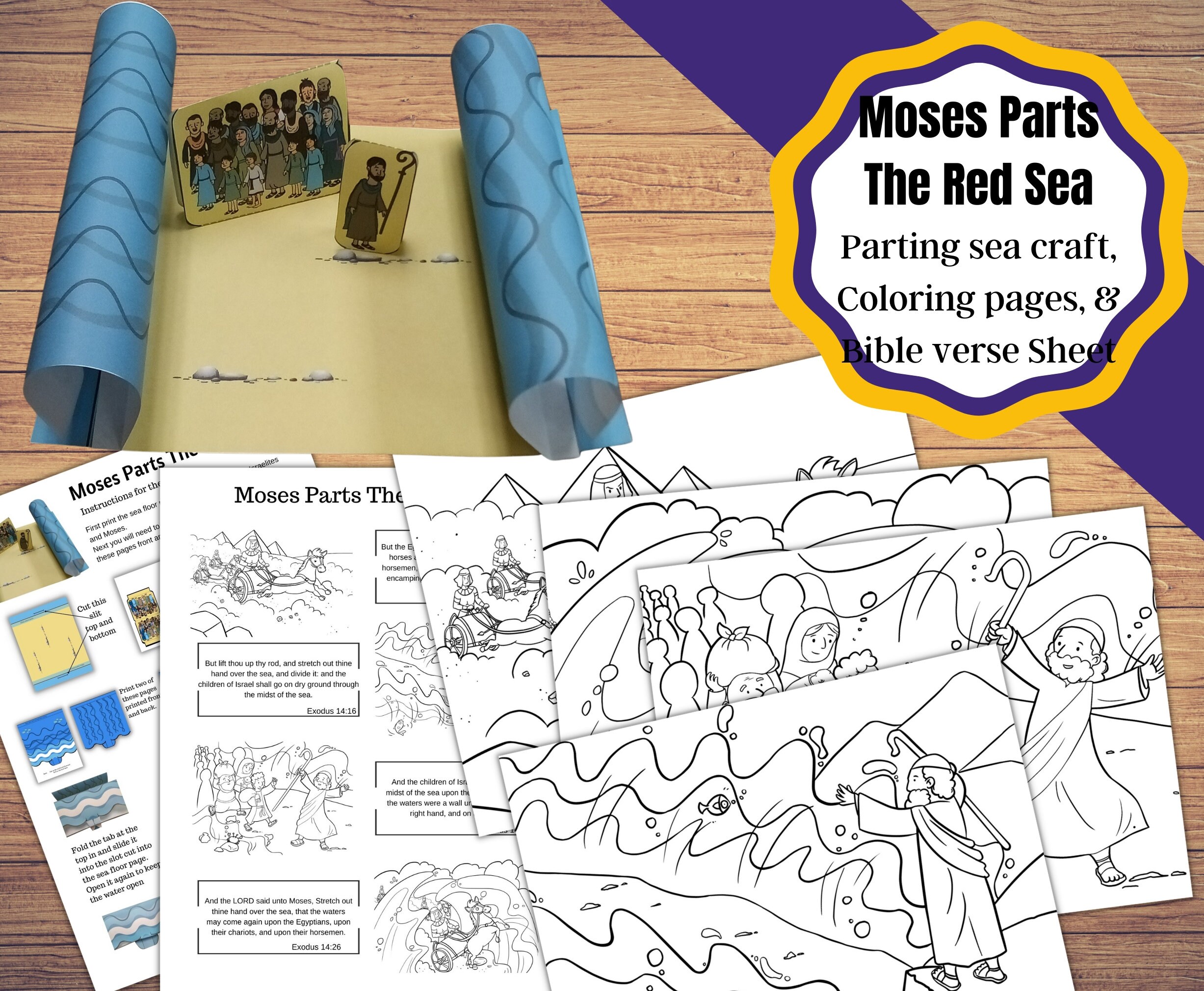 Printable moses parts the red sea craft coloring pages and bible verse sheet in kjv exodus from egypt crafts