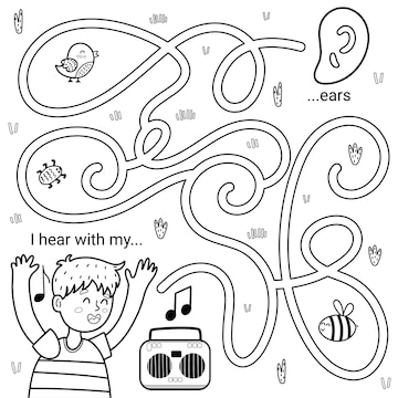 Premium vector i can hear with my ears black and white maze game for kids five senses labyrinth coloring page