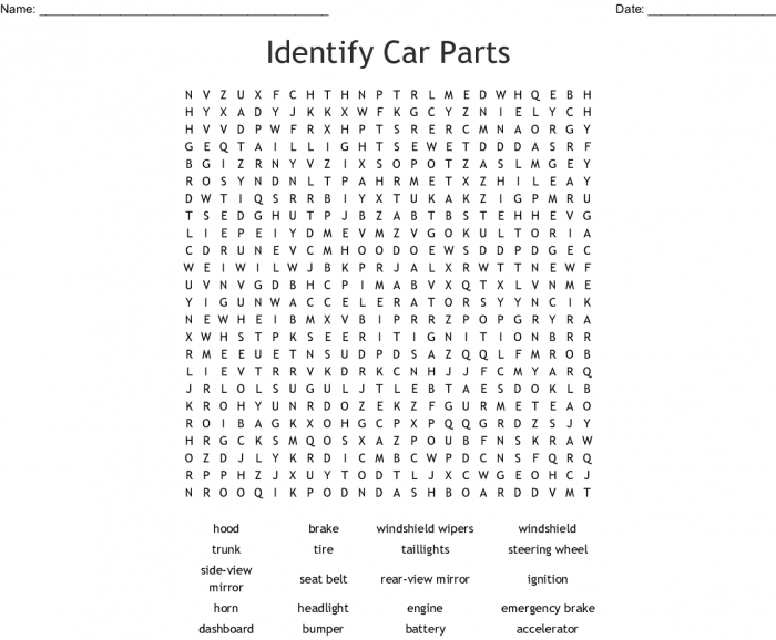 Car parts word search worksheets