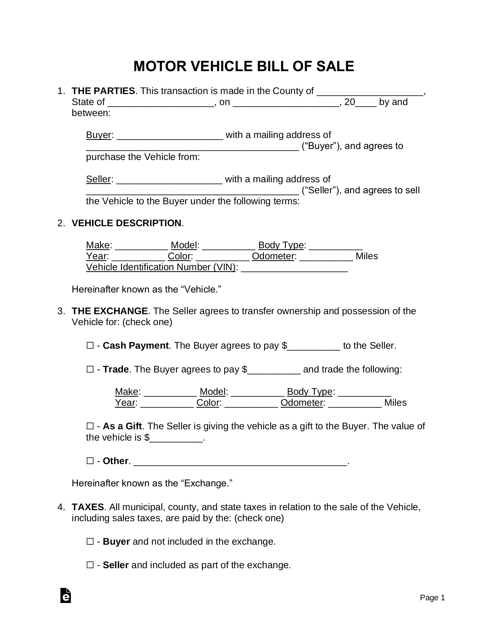 Free motor vehicle dmv bill of sale form
