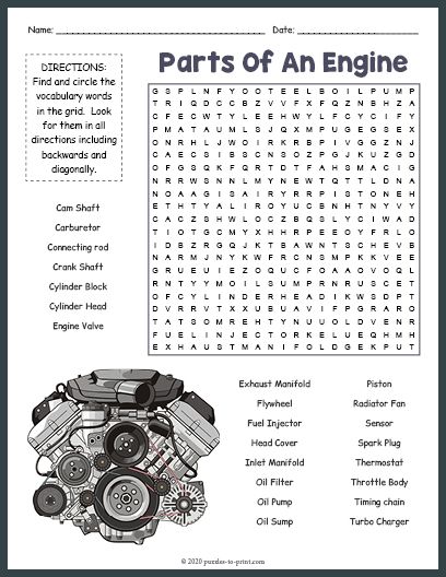 Free printable parts of an engine word search homeschool lesson drivers education teaching homeschool