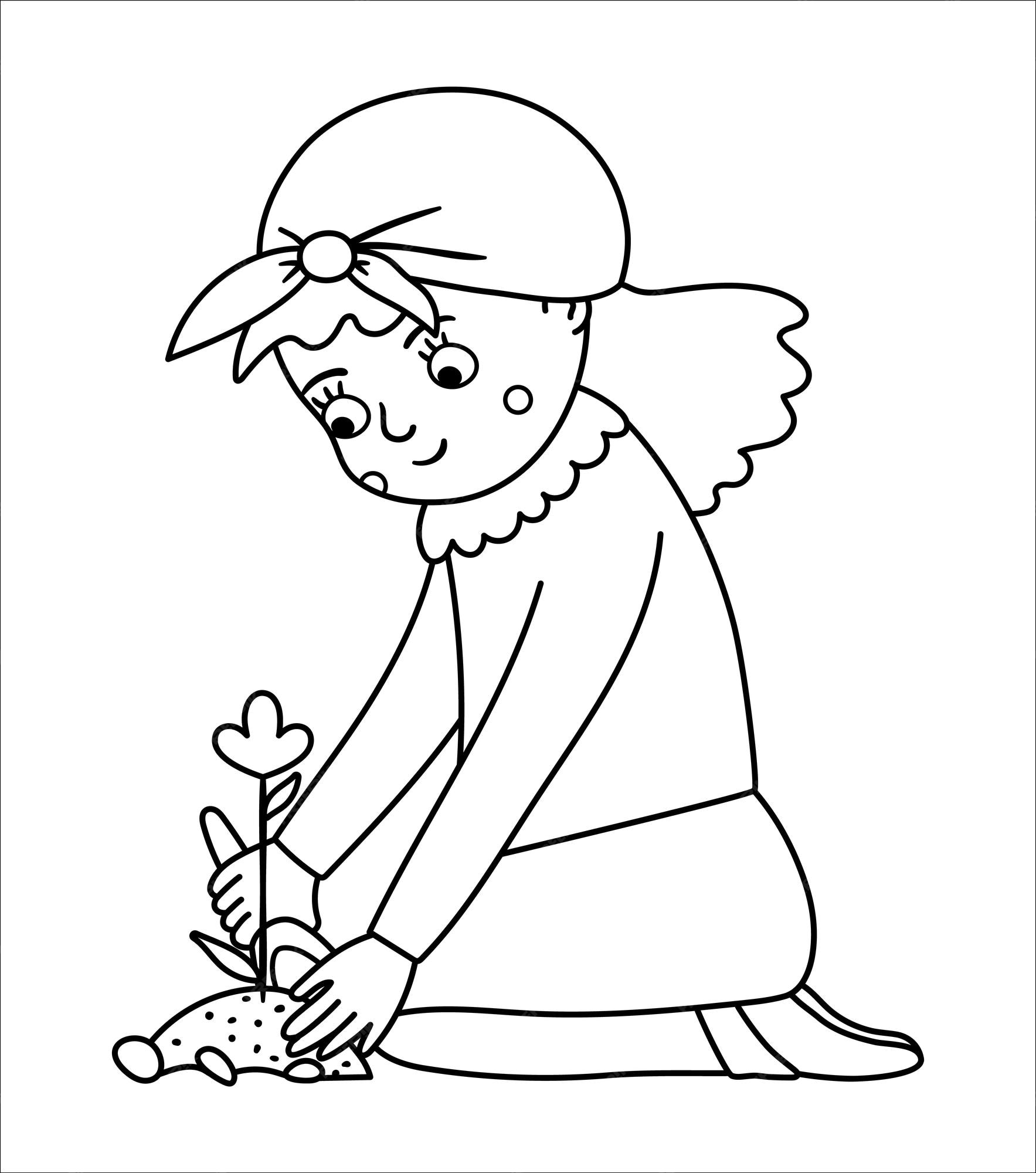 Premium vector vector black and white girl planting flower with a shovel illustration cute outline kid doing garden work spring line gardening activity picture or coloring page xa