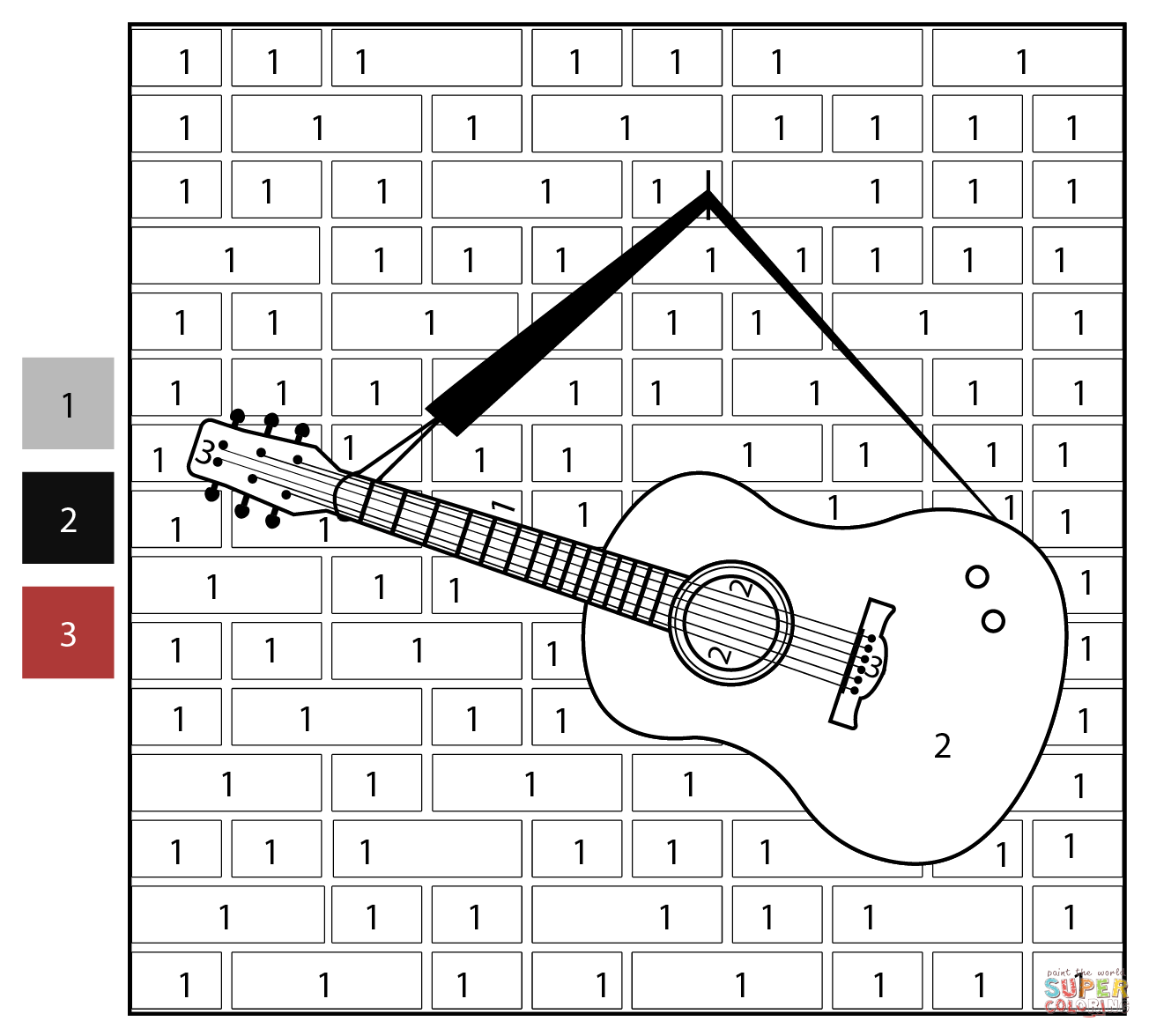 Guitar color by number free printable coloring pages