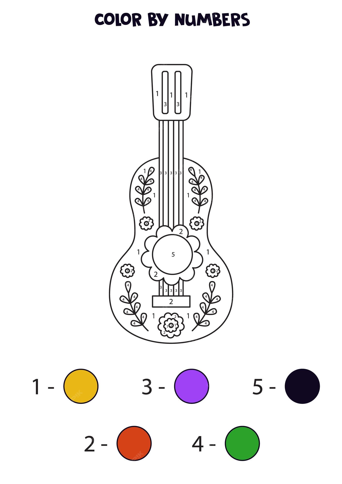 Premium vector color guitar by numbers worksheet for kids