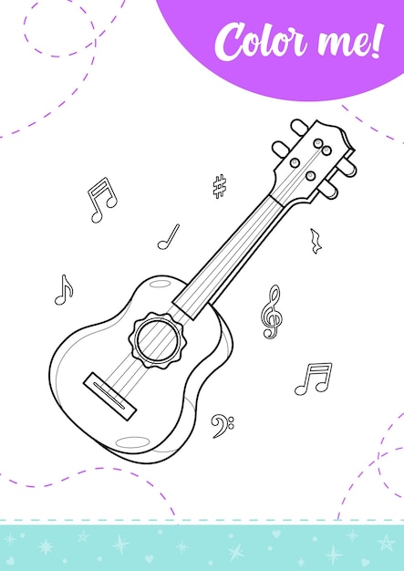 Premium vector coloring page for kids with guitar and musical notes