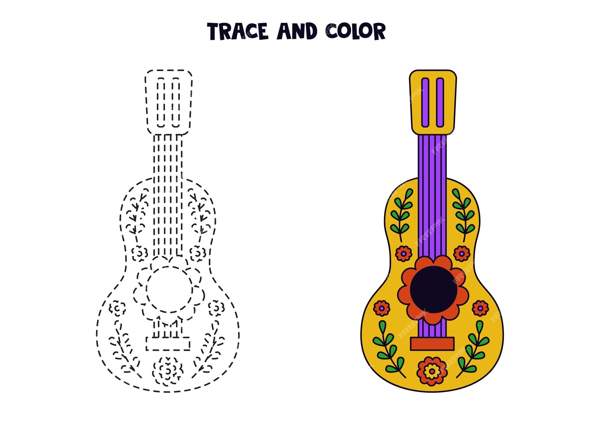 Premium vector trace and color cute hand drawn mexican guitar worksheet for children