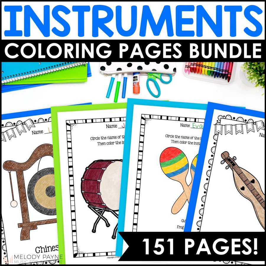 Musical instruments coloring sheets and worksheets bundle for elementary music class