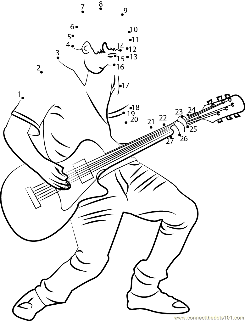 Guitar playing boy dot to dot printable worksheet