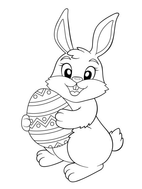 Vetores de coelhinho da pãscoa segurando ovo de pãscoa ilustraãão vetorial em preto e branco para colorir livro e mais imagens de pãgina de livro de colorir