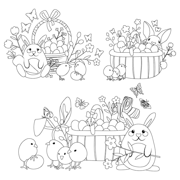 Ilustraããµes vetoriais de desenhos animados para a cesta de ovos de coelho de desenho animado bonito do feriado da pãscoa em preto e anco vetor premium