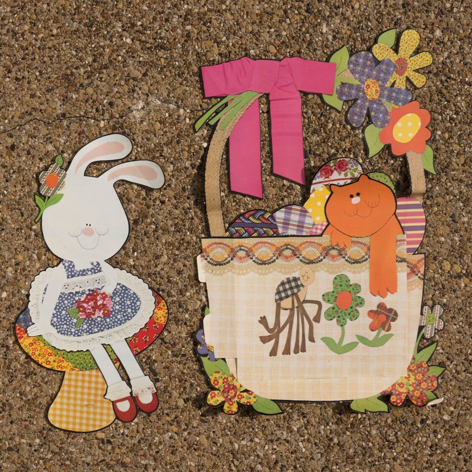 Set vtg s large d easter die cut cat in basket bunny bulletin board rustic