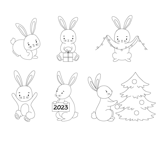 Premium vector set of cute line rabbits in different poses vector symbol of new year isolated on white bunny with christmas tree and gift for baby coloring page