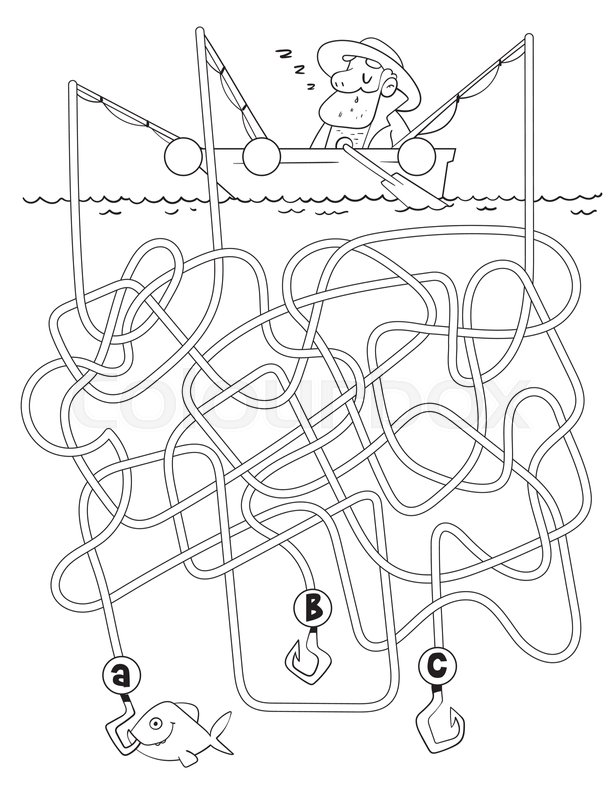 Children logic game to pass the maze elderly man fishing coloring book stock vector