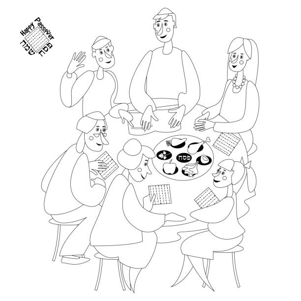 Jewish family celebrates passover reading of the passover haggadah black and white coloring page stock illustration