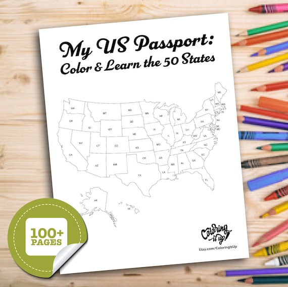 My us passport color and learn the us states printable coloring pages adult coloring pages instant download pdf
