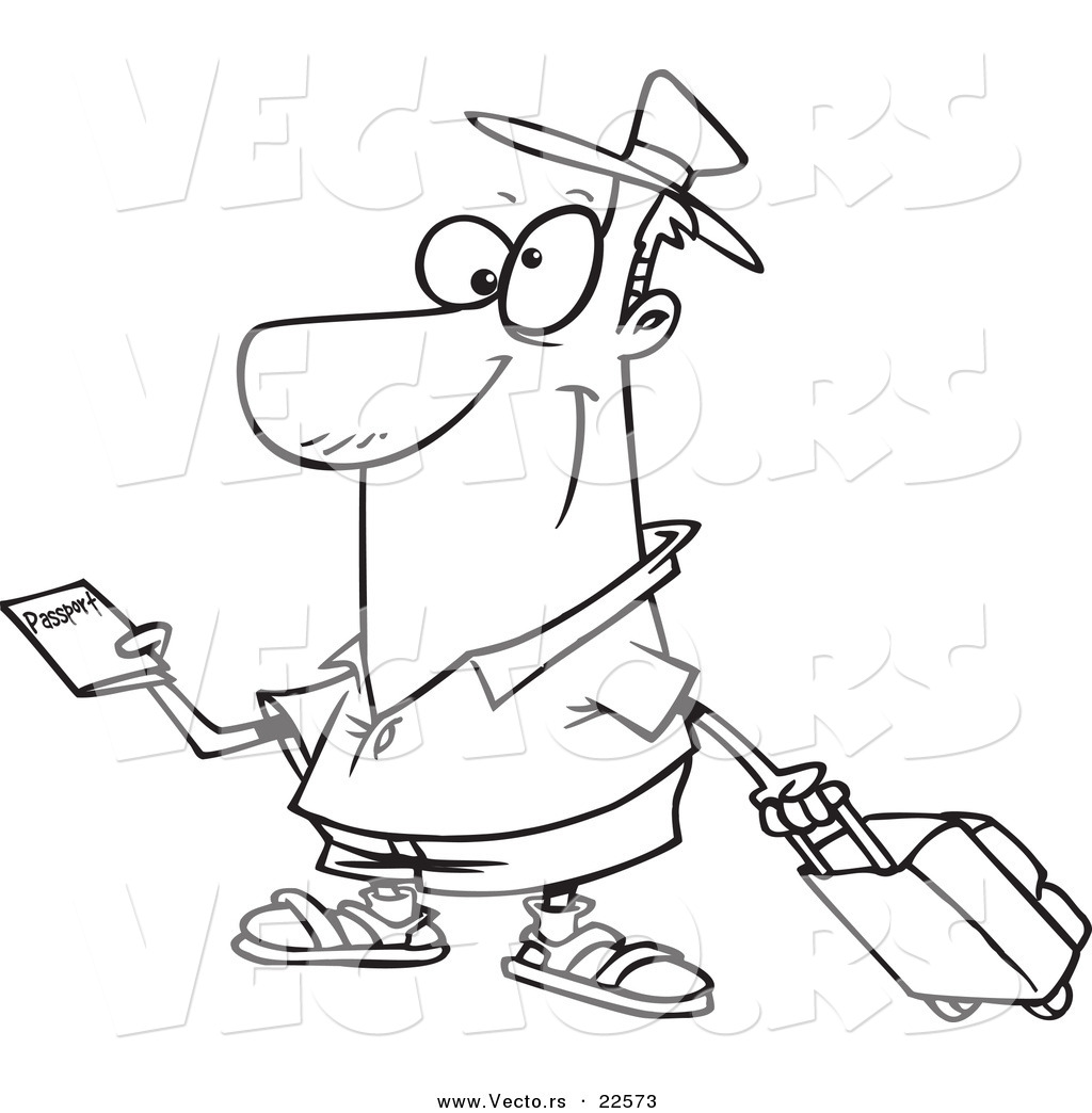 R of a cartoon traveler holding a passport