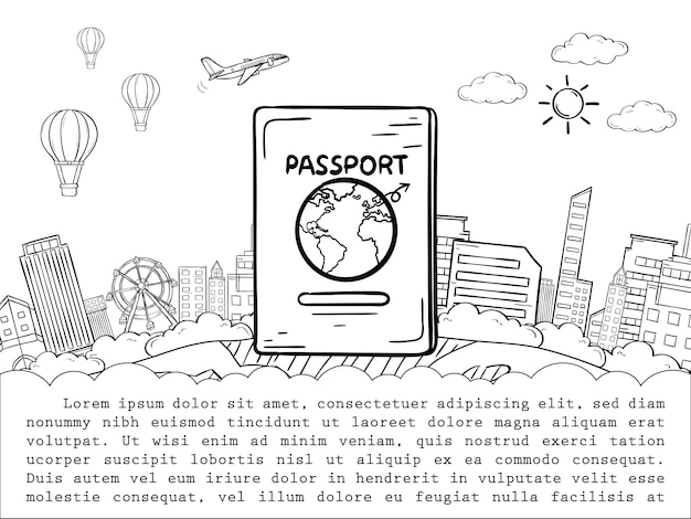 Premium vector doodle passport and airplane check in point travel around the world concept