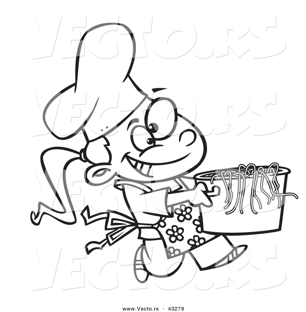 R of a happy cartoon girl chef carrying a pot of pasta