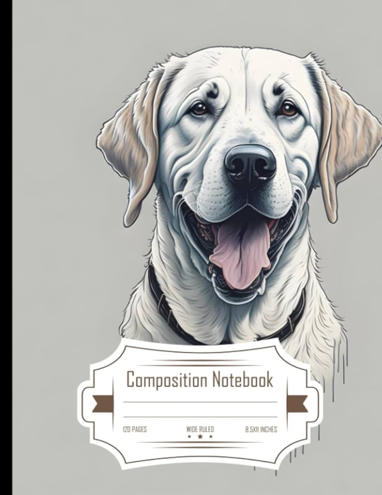 Composition notebook wide ruled crossed labrador mature dog off white color goofy smile floppier ears bigger nose hand drawn sketch in barry blitt art style pastel colors k detailed clean size x