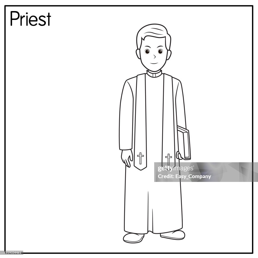 Vector illustration of priest isolated on white background jobs and occupations concept cartoon characters education and school kids coloring page printable activity worksheet flashcard high